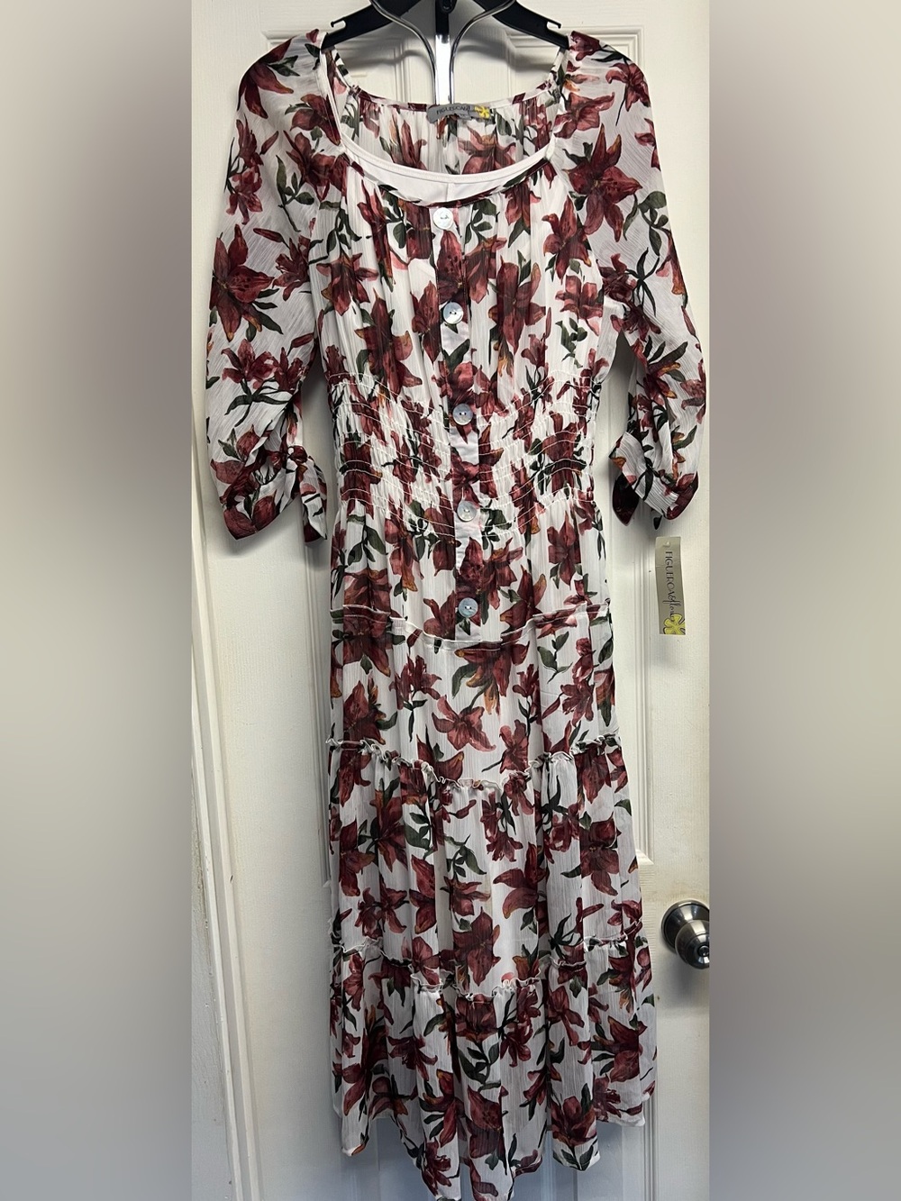 Figueroa and Flower White Midi Dress with Burgundy Floral Print